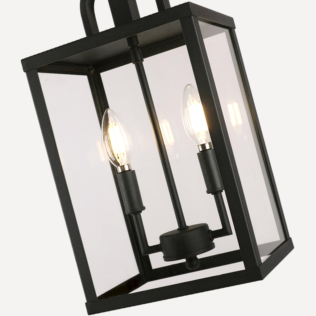 Large Outdoor Indoor Pendant Light 2-Light, Modern Black Metal Outside Chandelier Exterior Hanging Fixture Ceiling