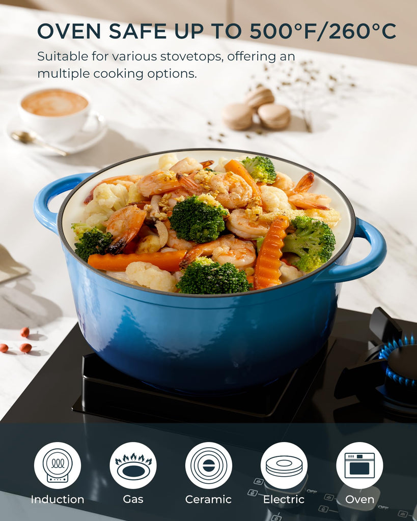 Enameled Cast Iron Dutch Oven, 6QT Pot with Lid, Navy Blue