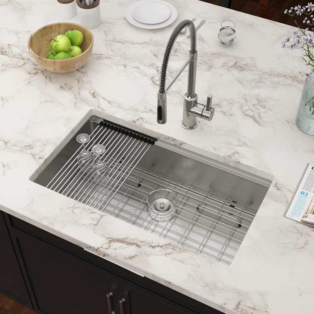 32 Inch Undermount Kitchen Sink Workstation with Accessories | 16 Gague Stainless Steel, Brushed Finish, Single Bowl