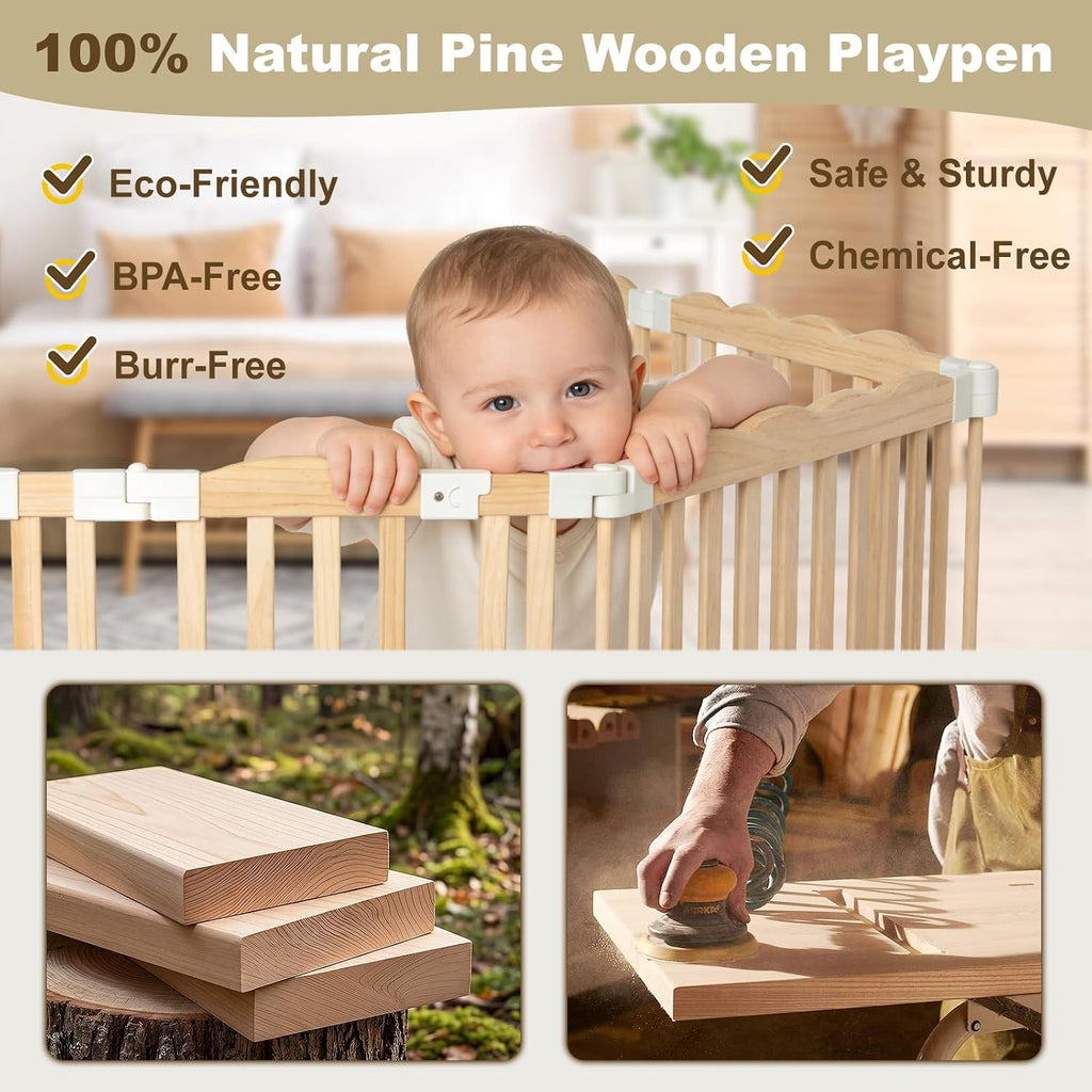 Foldable Wooden Playpen for Babies, Extra Large Play Pen, 90 x 60 x 24 in | Pre-Assembled Wooden Baby Playpen, Ready