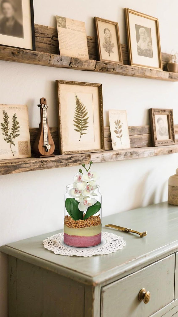 White Orchids Artificial Flowers with Vase, Small Faux Orchid Arrangement Fake Orchids Plant in Terrarium Jar Small