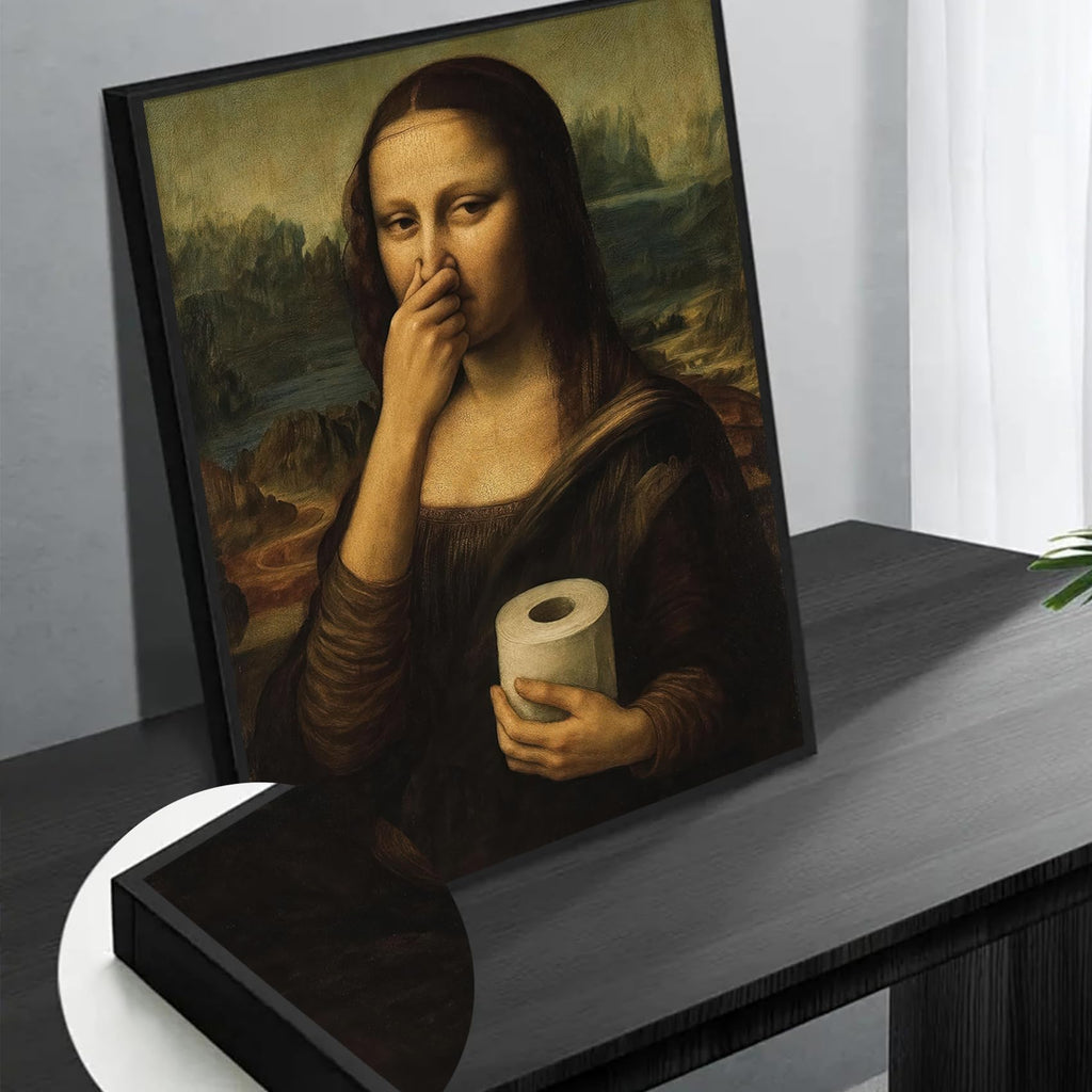 Framed Funny Mona Lisa Bathroom Wall Art, Humor Amusing Bathroom Prints