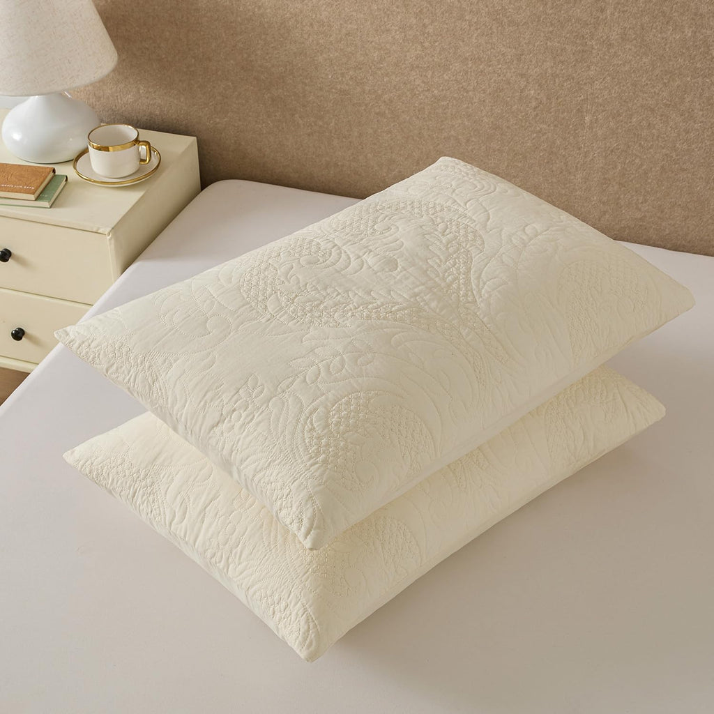 Quilted Pillow Shams Damask Ivory King Set of 2 Embroidered Cotton Cream