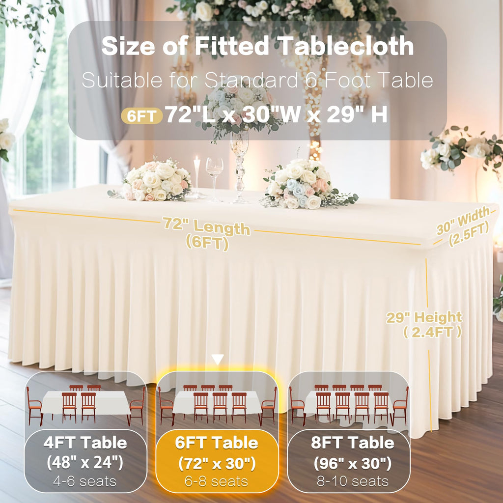 2 Packs Ivory Spandex Table Clothes for 6 Foot Rectangle Table, Spandex Table Covers 6FT Stretch Table Skirts