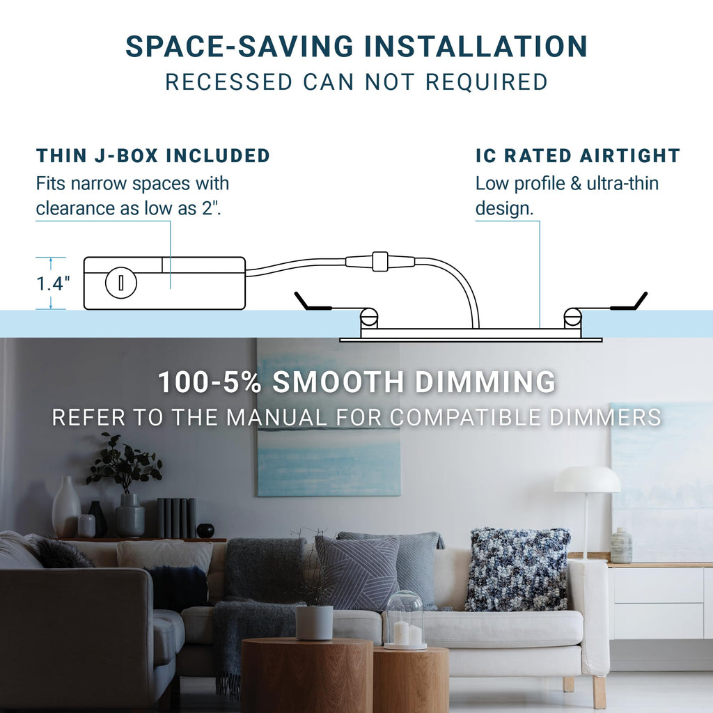 (6 Pack) 4 Inch LED Gimbal 5CCT Recessed Lighting, Directional Adjustable Canless Ceiling Light with J-Box