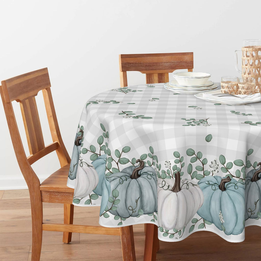 Fall Tablecloth 60 x 60 Inch Round Thanksgiving Blue Pumpkin