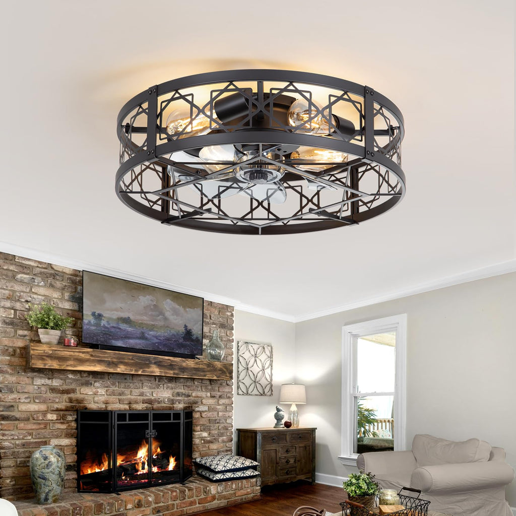 Caged Ceiling Fan with Light, 20" Ceiling Fan with Lights and Remote Flush Mount, Bladeless Caged Ceiling Fans with