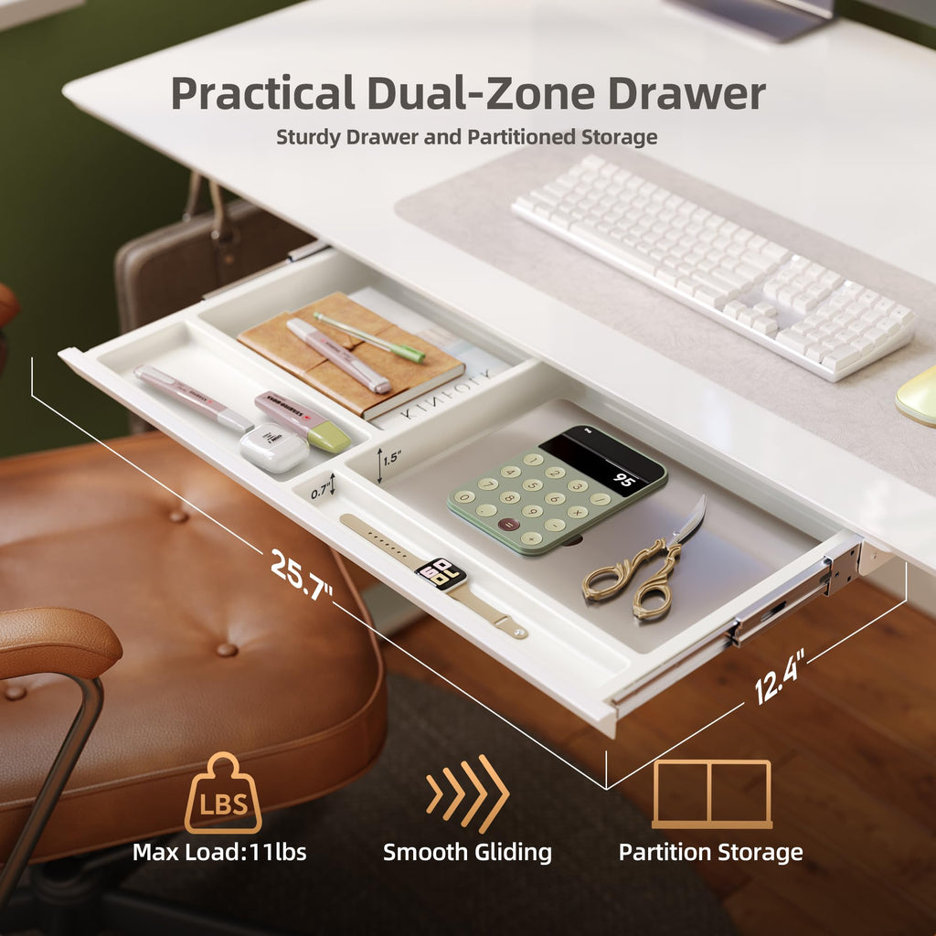 Glass Standing Desk with Drawers 48×24 Inch Super White