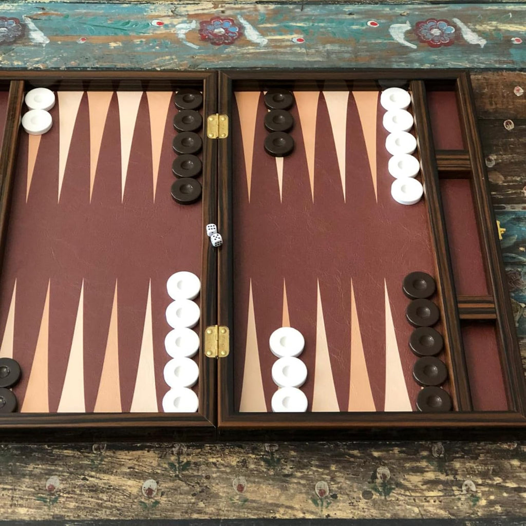 Luxury Turkish Backgammon Set for Adults, XXL 19 Inch Handcrafted Ebony Wood & Vintage PU Leather Backgammon Board