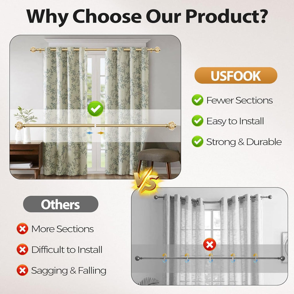 1 Inch Gold Curtain Rods for Windows 72 to 144 Inches (6 to 12 ft), Telescoping Single Drapery Rod, Decorative