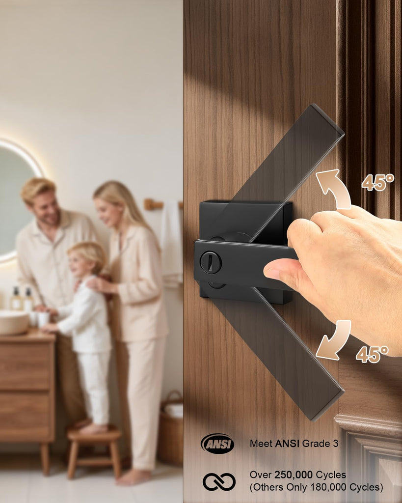 Matte Black Door Handles with Lock, 3 Pack Zinc Alloy Interior Privacy Door Levers, ANSI/BHMA Grade 3