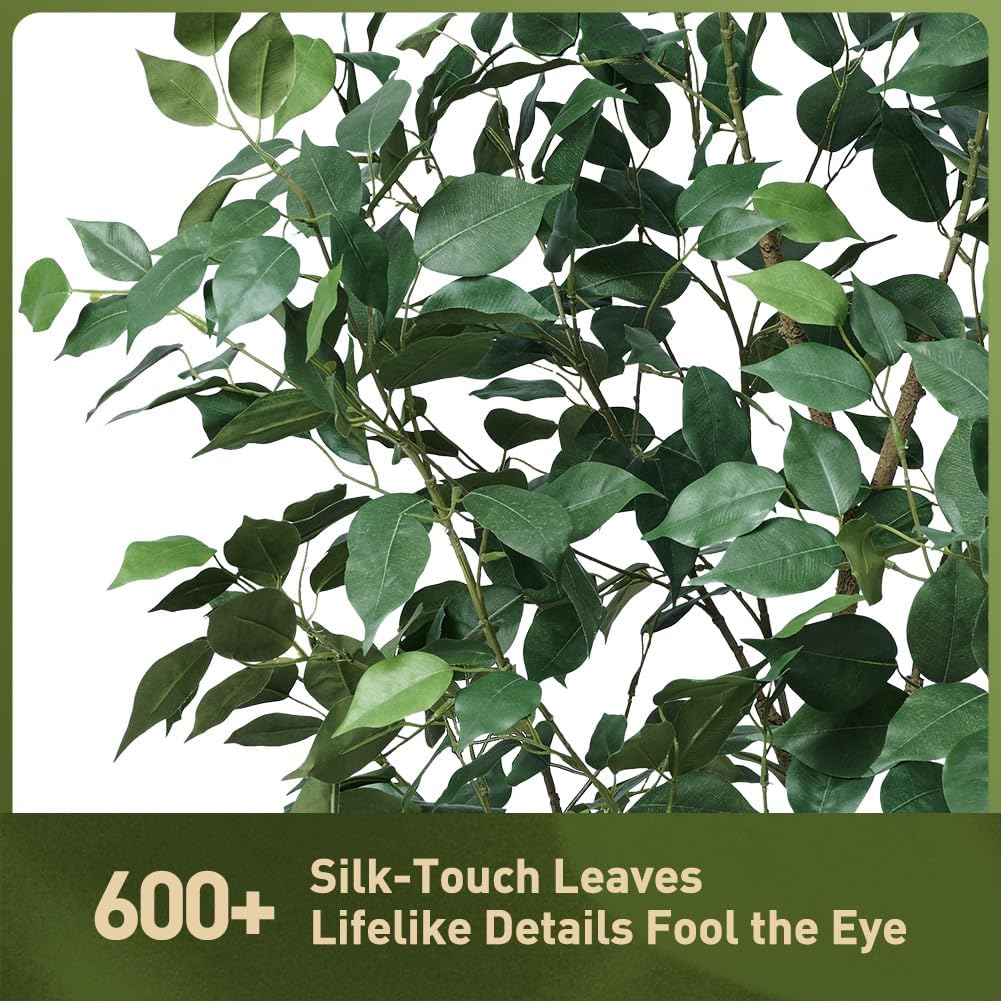 6FT Artificial Ficus Tree with White Taper Planter & Pebbles- Tall Faux Trees with UV Resistant Silk Leaves Outdoor