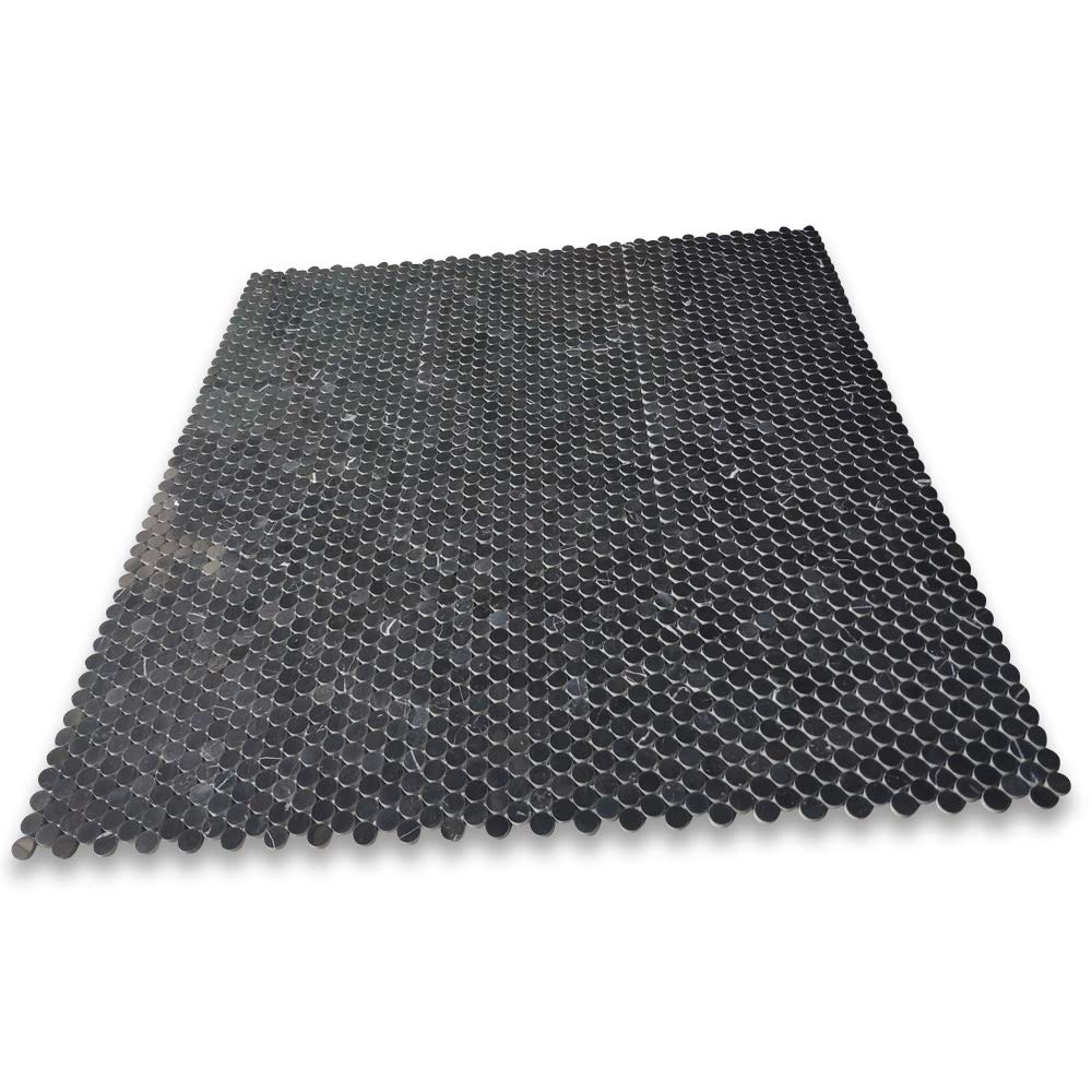 Nero Marquina Black Marble 3/4 inch Penny Round Mosaic Tile Honed Kitchen Bath Wall Floor Backsplash Shower (1 Sheet)