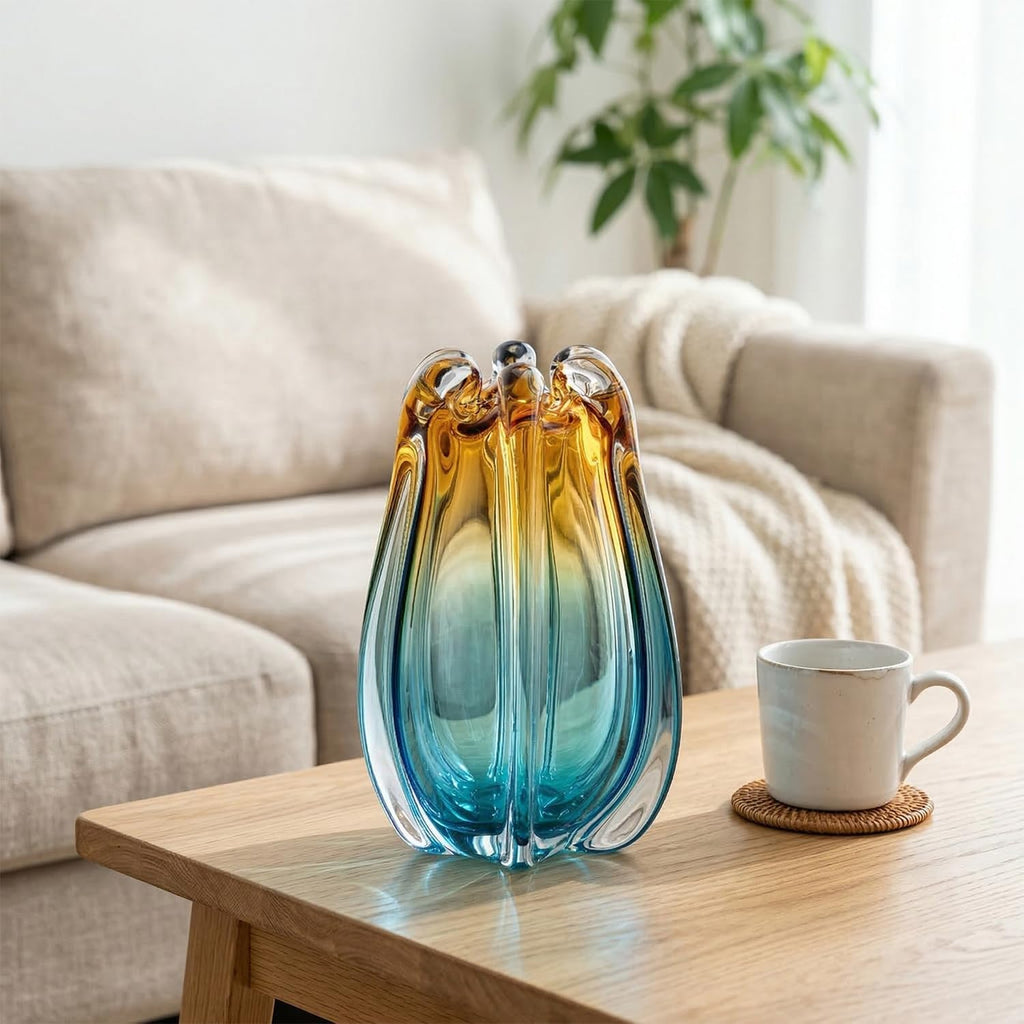 Hand Blown Glass Vase for Flowers, 9.45" Unique Murano Style Art Glass Vase, Fluted Teal Amber Ombre Decorative Vases
