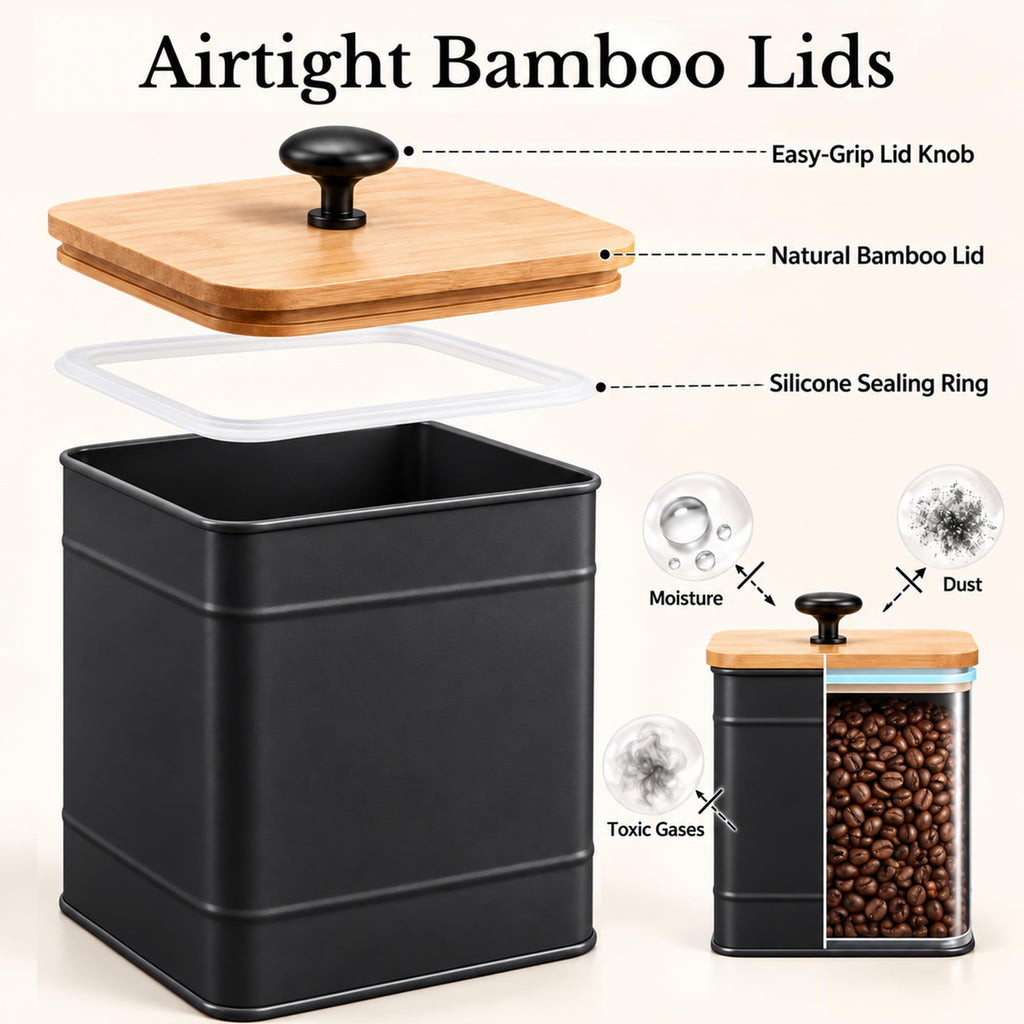 Canister Set Countertop, 4 Airtight Metal Canisters Black