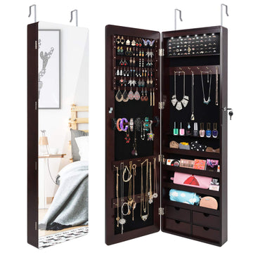 Jewelry Cabinet with 6 LED Wall Door Mounted Full Length Mirror Jewelry Armoire Hanging Storage Organizer with 4