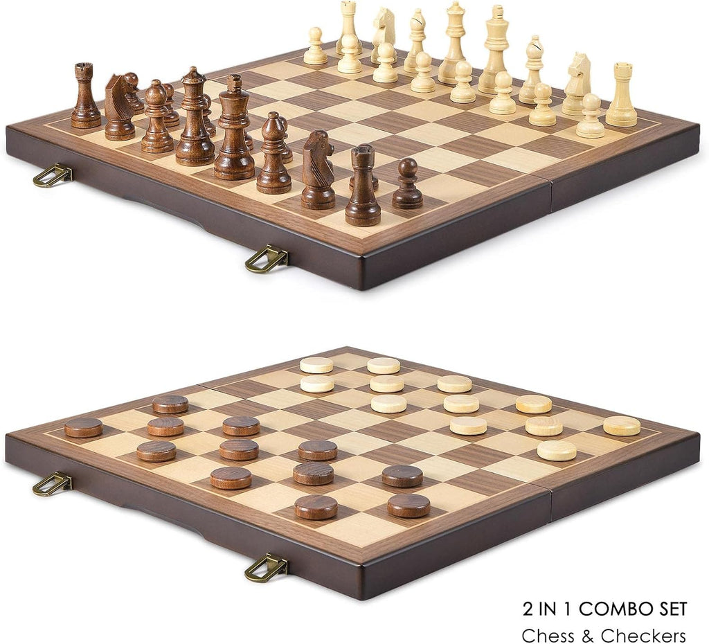Magnetic Wooden Chess and Checkers Game Set, 15 Inches (2 in 1) Chess Board Games, 2 Extra Queens - Gift Package