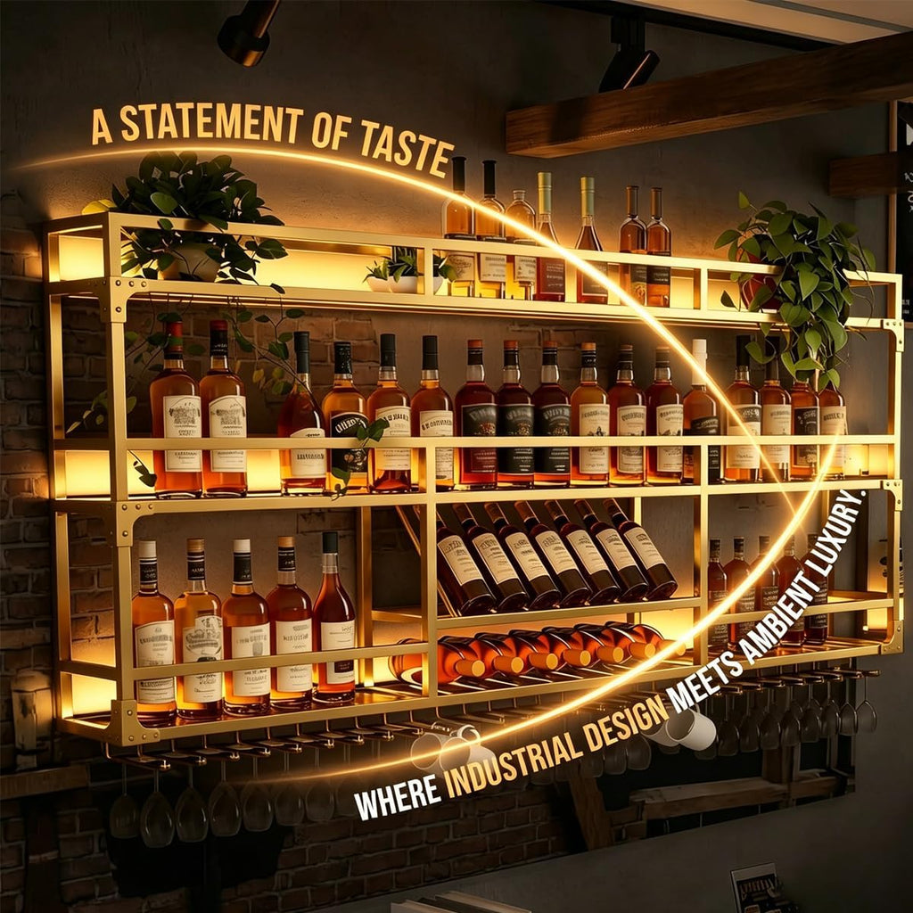 59in Wall Mounted Wine Rack, Floating Industrial Liquor Glass Holder 3 Tiers, Large Metal Wine Bottle Display Rack