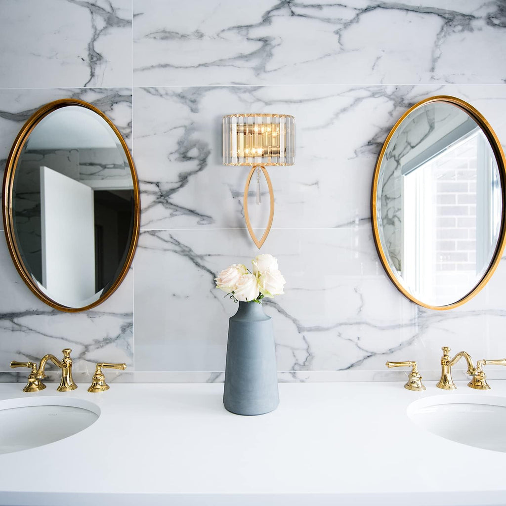 Mid Century Wall Sconces, 2-Light Elegant Crystal Gold Wall Light for Bathroom Bedroom Hallway | Elegant Crystal Gold