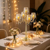 5 Arms Crystal Candelabra Centerpieces for Tables, Gold Floor Candle Holder with Glass Shade Pendants, 33 inch Tall