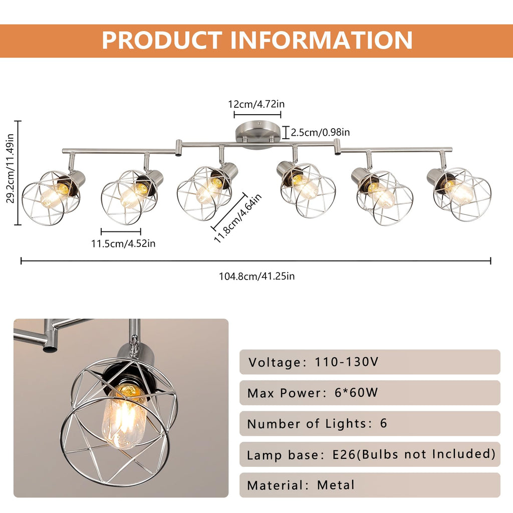 Track Lighting Fixtures, 6-Light Brushed Nickel Flush Mount Track Light Ceiling, 6 Way Spot Light Kitchen Light