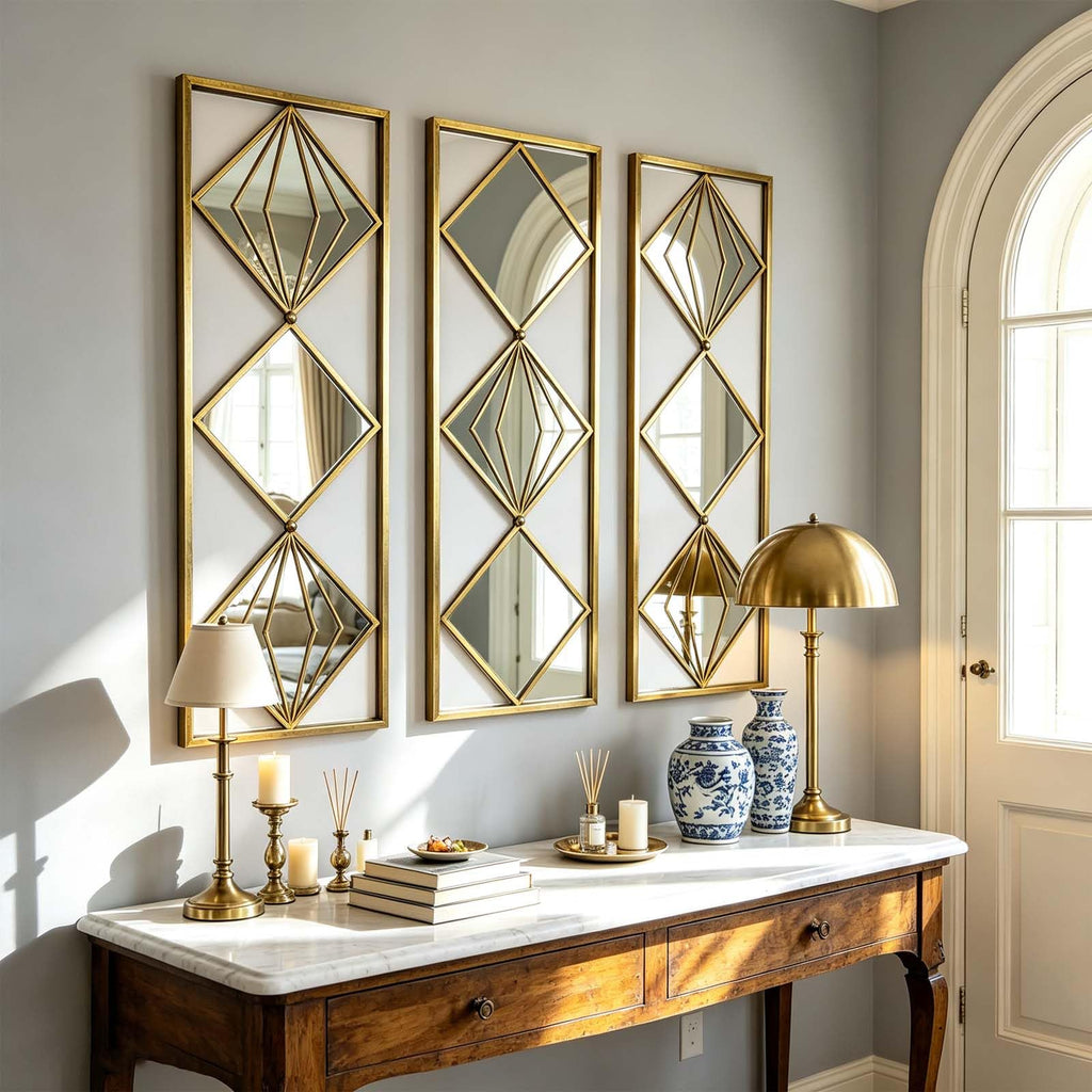 Set of 3 Gold Wall Mirrors, Large Geometric Decorative Mirrors with Metal Frames, Diamond Pattern Wall Mirror Decor