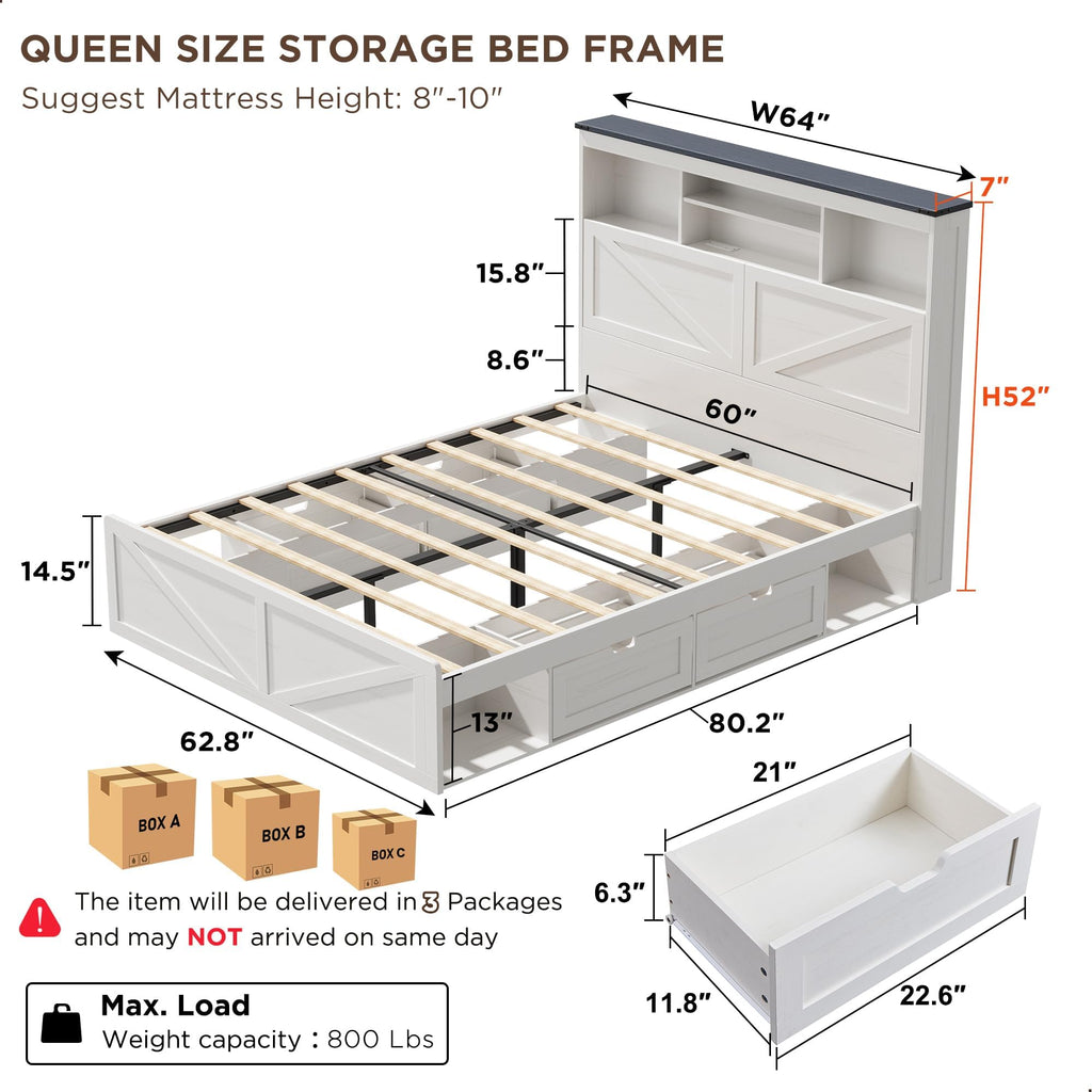 Bed Frame Farmhouse with 52" Storage Bookcase Headboard, 4 Drawers Wooden Bed Frame, LED Light, Charging