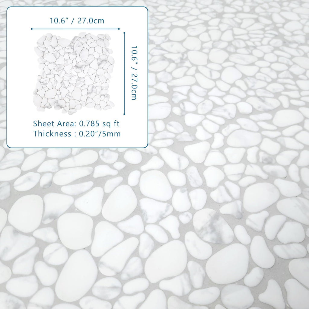 Pebble Tile for Shower Floor Border Kitchen Bathroom Backsplash, Carrara White Recycled Glass Marble Stone