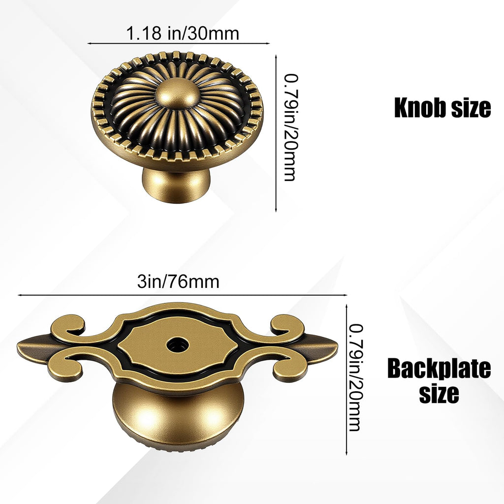 6 Pack Brass Cabinet Knobs Vintage Retro Mushroom Drawer Knobs with Backplate, Zinc Alloy Round Dresser Pull Handles