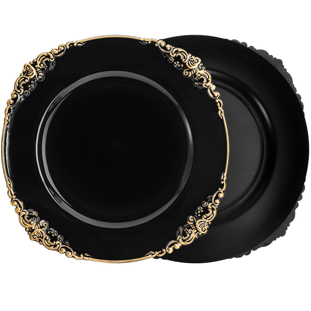 12 Pack Black Charger Plates with Floral Trim, 13" Plastic Vintage Black Chargers for Dinner Plates for Catering