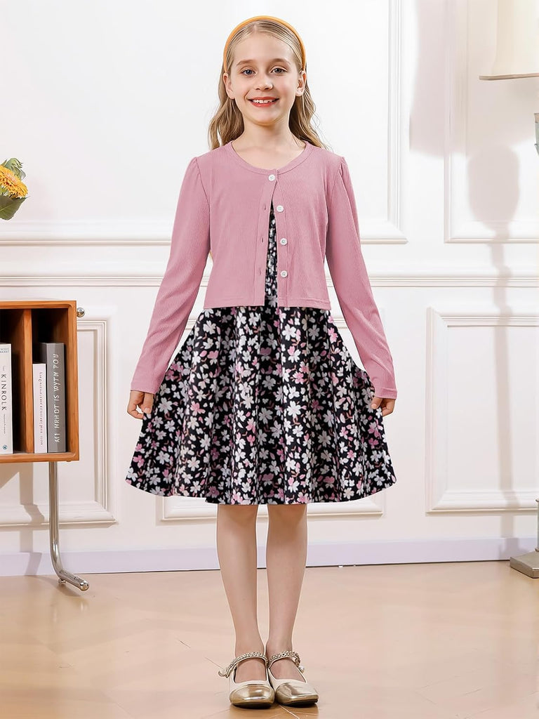 Girls Casual Adjustable Strap Sleveless Dress Cardigan Set