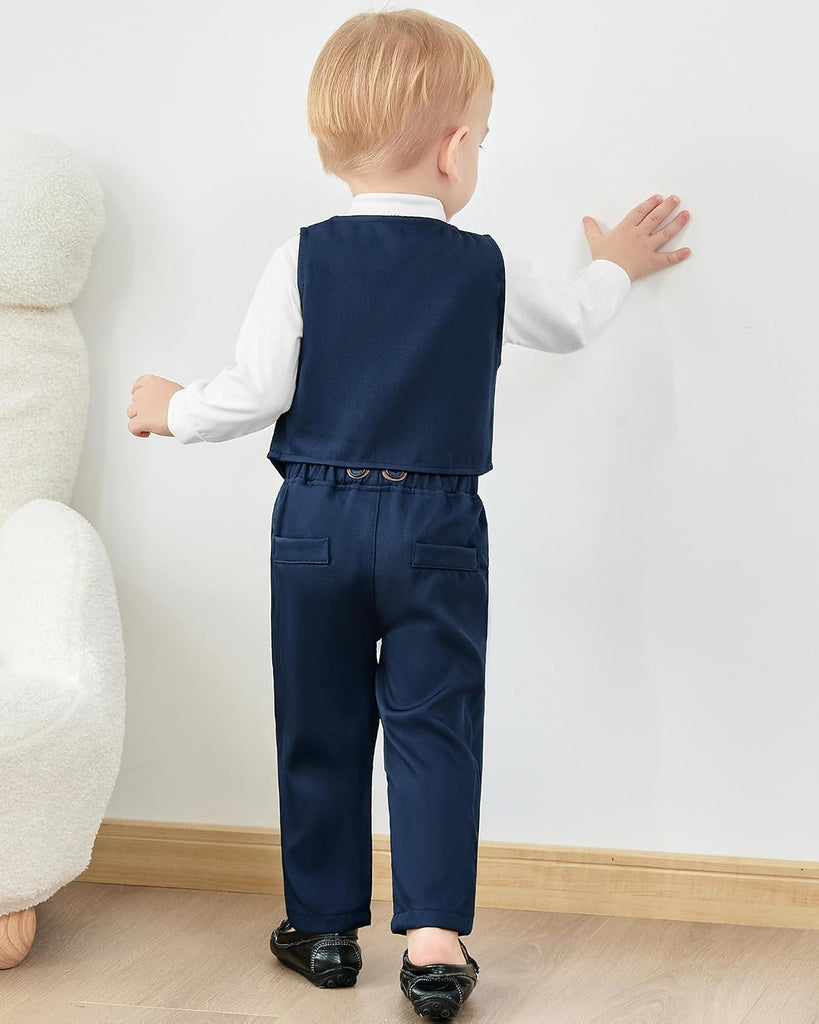 Baby Boy Clothes Wedding Outfit Suits, Infant Boy Gentleman Set, Dress Shirt+Vest+Suspender Pants+Bowtie