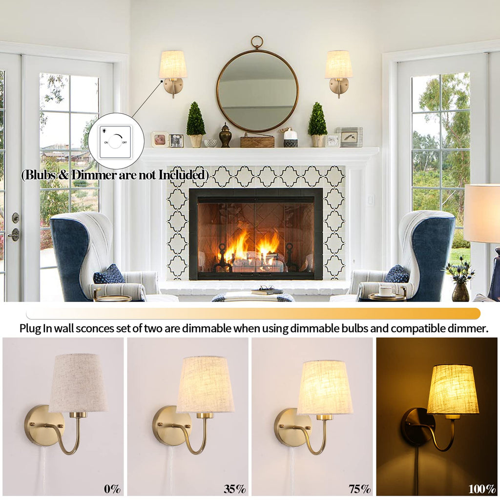 Plug in Wall Sconces Set of Two, Gold Bedside Wall Lamps Lights