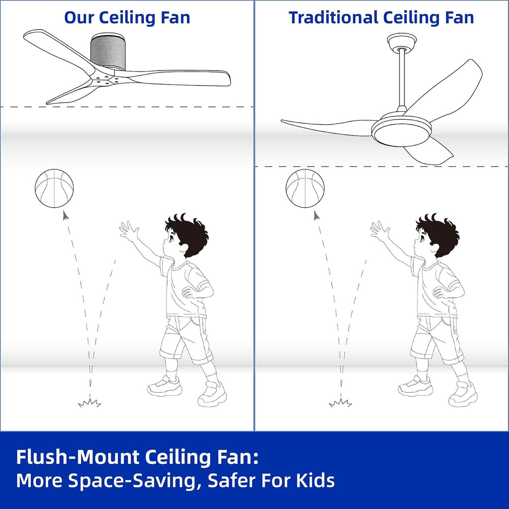 52" Low Profile Ceiling Fan No Light, Boho Farmhouse Flush Mount Ceiling Fan with Remote, Solid Wood Blades