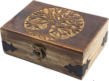 Handmade Wooden Jewelry Box with Tree of Life Engraving - Antique Handcarved Keepsake Organizer for Women & Men