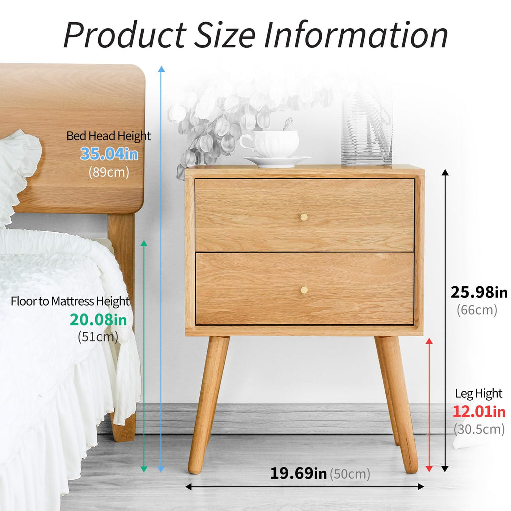 Night Stand, Midcentury Modern Solid Wood Nightstand with Drawer, Side Table with High Stool Leg, 25.98 H x 19.69 W x