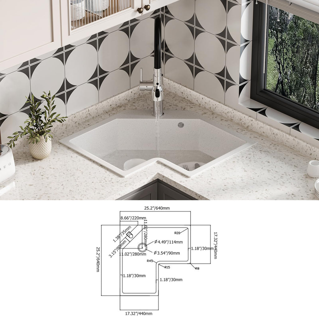 25-Inch White Undermount Corner Kitchen Sink - Irregular Quartz Single Bowl Sink for Modern Kitchens