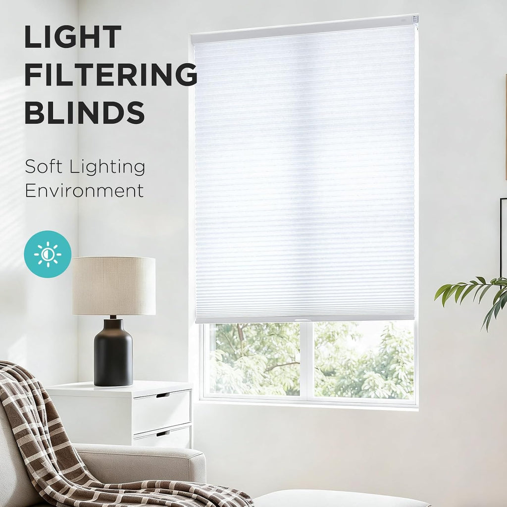 No Drill Light Filtering Cellular Shades, White, | Thermal Insulating, No Drill Blinds for Windows, Light Filtering