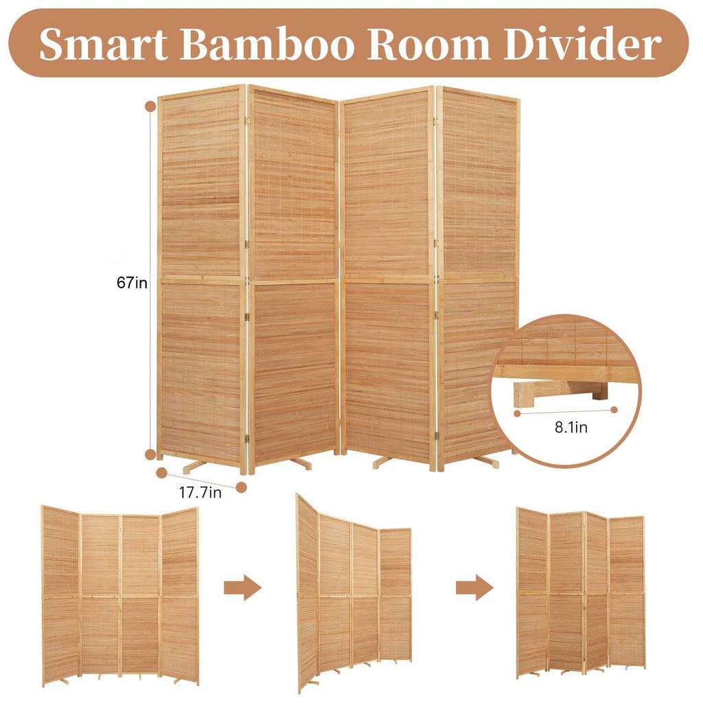 Room Divider Folding Privacy Screens, Hand-Made Natural Bamboo Room Dividers