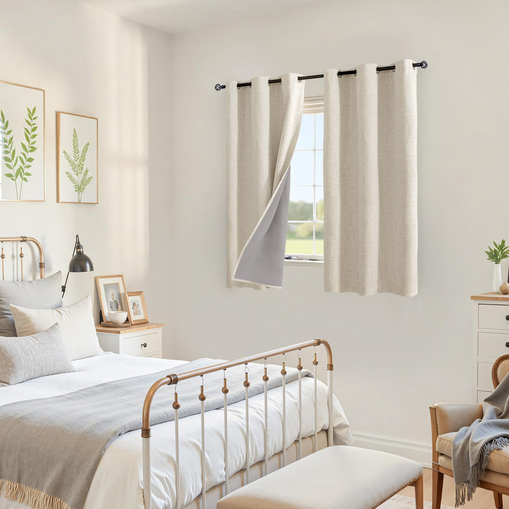 Linen Blackout Curtains 48 Inch Length, Short Thermal Insulated Drapes Room Darkening with Grommet Privacy Window