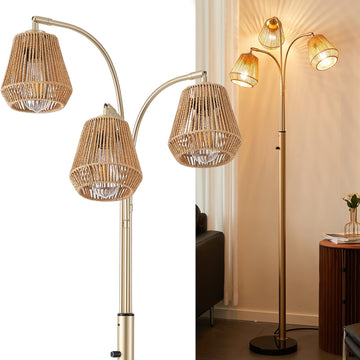 Gold Rattan Floor Lamp, 72'' 3-Light Boho Lamp