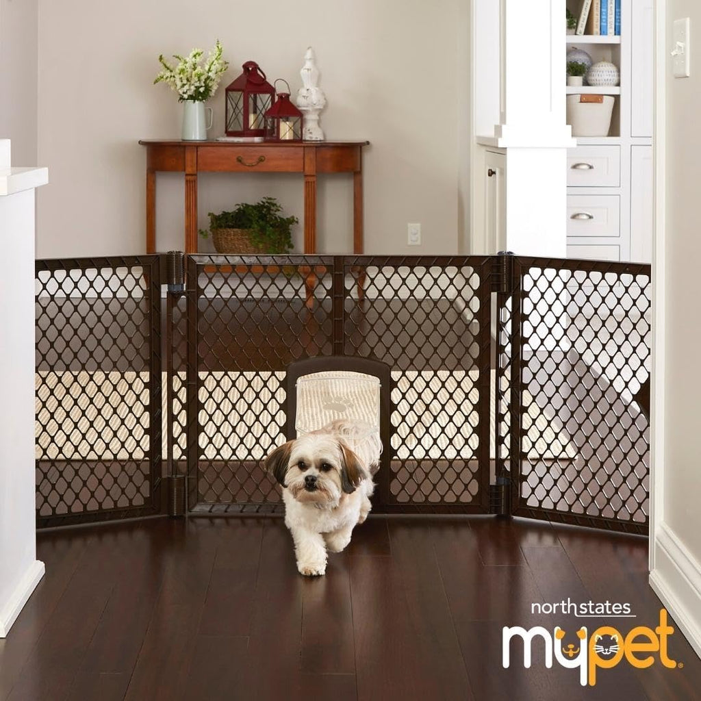 Extra Wide Dog Gate with Small Pet Door. 38.5" to 103.5" Wide. Cat Gate for Doorway. Made in USA. 26" Tall, Brown