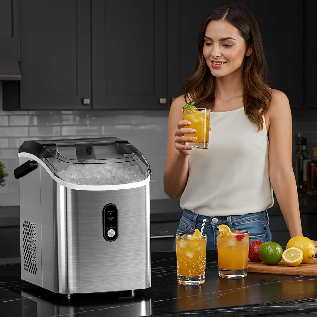 Nugget Ice Maker Countertop with Soft Chewable Ice, Portable Sonic Ice Maker with Basket and Scoop, Removable Top