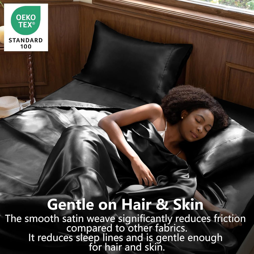 Satin Sheets Queen Bed Set - Silky Soft Bedding Similar to Silk, 4 Piece Sheet Set for Hair and Skin, Deep Pocket