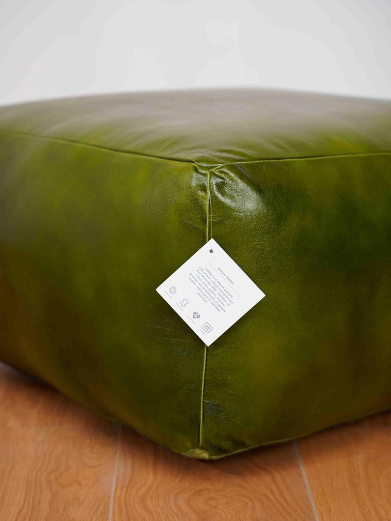 Eco-Friendly Solid Leather Pouf Green Color Square 21" x 21" x 12" Goat Leather Pouf Seating, Patio