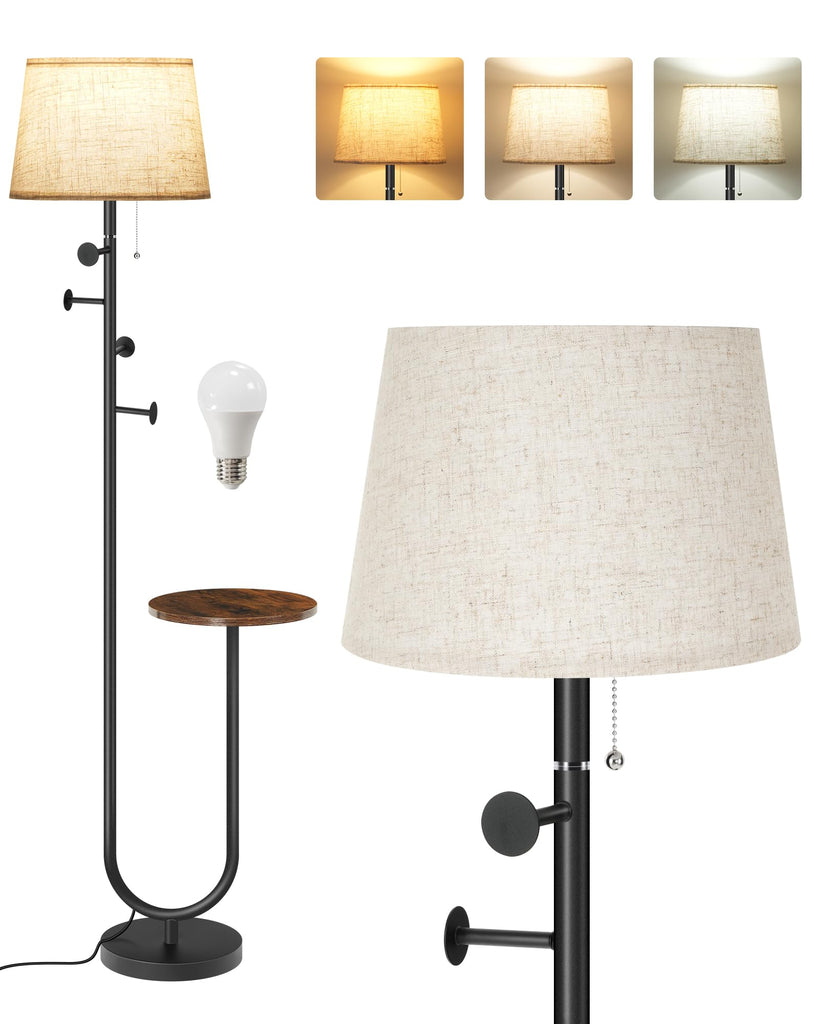 Floor Lamp with Table, Modern Standing Lamp with Shelf and Coat Rack, 3 Color Temperature Bulb Included, Side Table