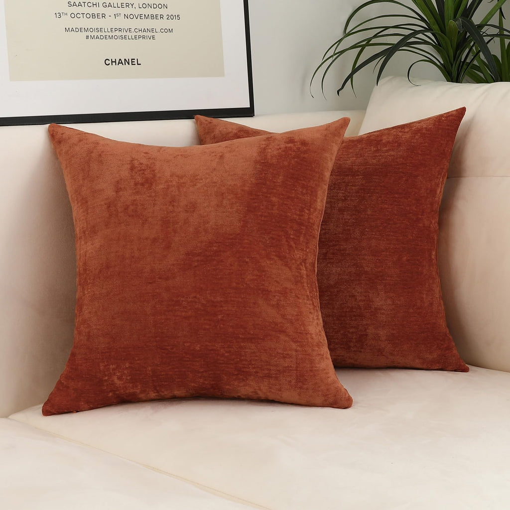 Terracotta Decorative Throw Pillow Covers Soft Chenille Comfy Solid Rust Couch Cushion Case Decor (Set of 2, 18 x 18