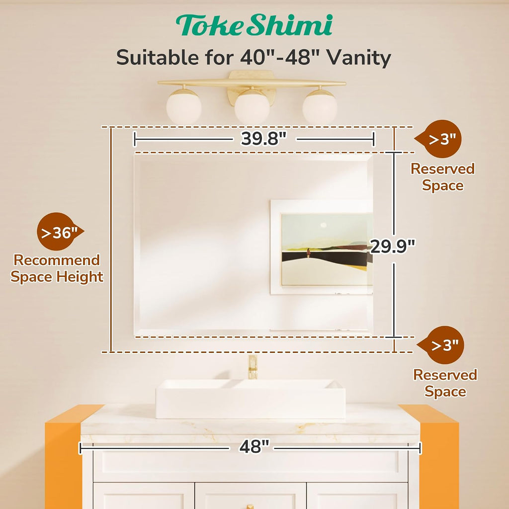 40X30 Frameless Mirror Bathroom Rectangle, Bathroom Vanity Mirror Beveled with 1" Beveled Edge, Shatterproof Farmhouse
