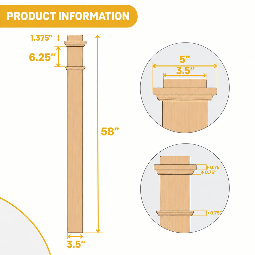 Red Oak Box Newel Post 3.5" x 58", Hollow Box Newel Wood Balusters for Staircase Interior, Square Design, 3⁄4" Thick
