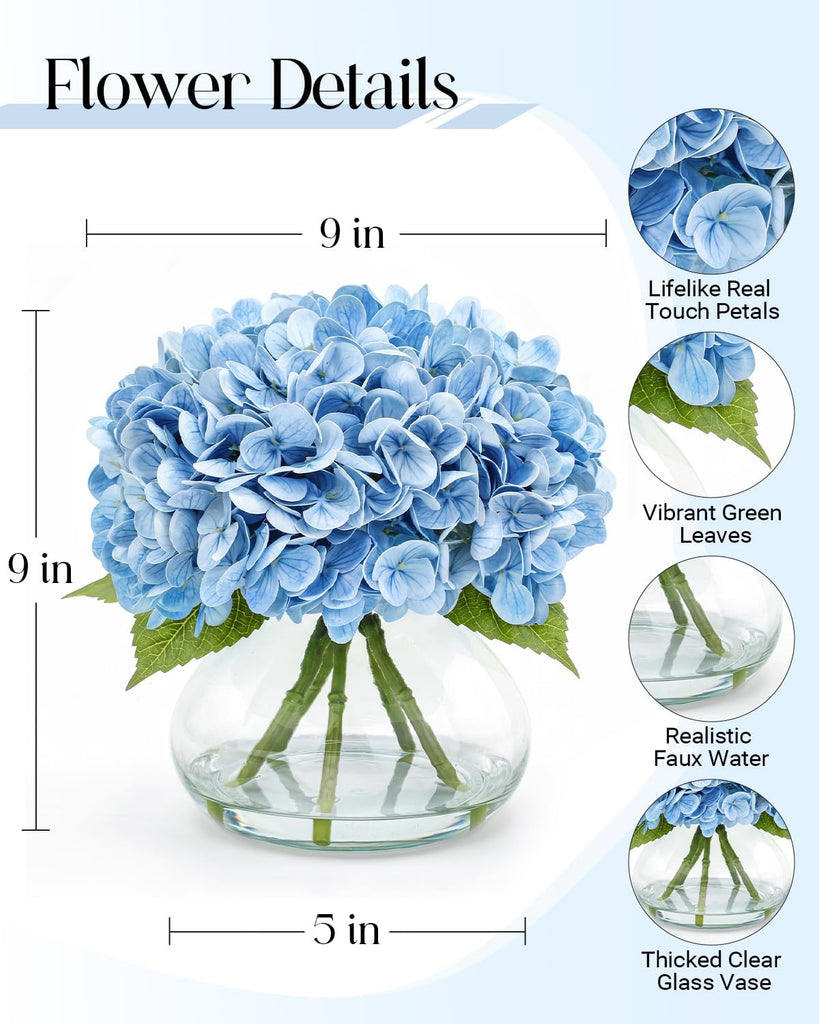 Hydrangea Artificial Flowers with Vase, Real Touch Latex, Blue - Set of 5